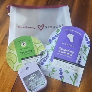 Sephora Relaxation Set & Rare Beauty Pouch. Depuffing Mask,Foot Mask & Sanitizer